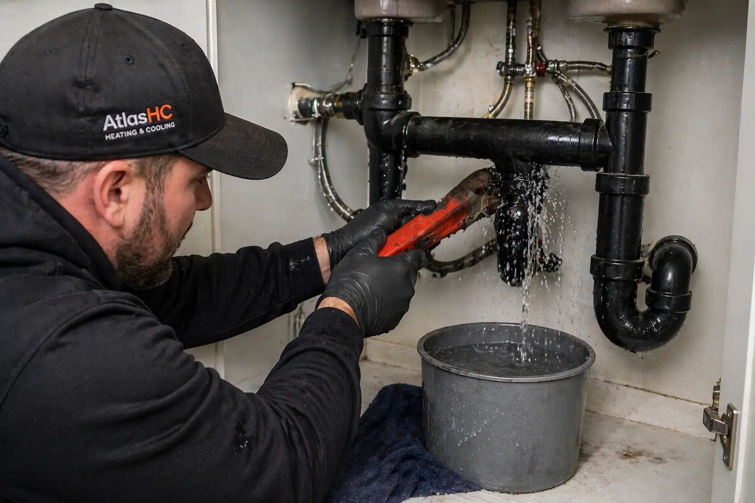AtlasHC technician fixing a leaking drain under a sink in Stonebridge